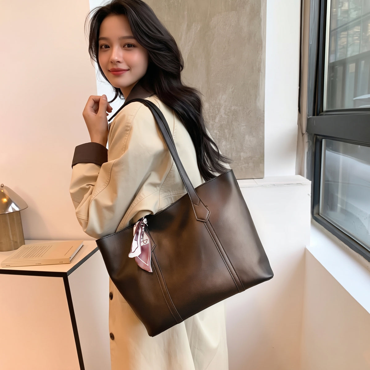 Contour — Contrast-Trim Shoulder Tote